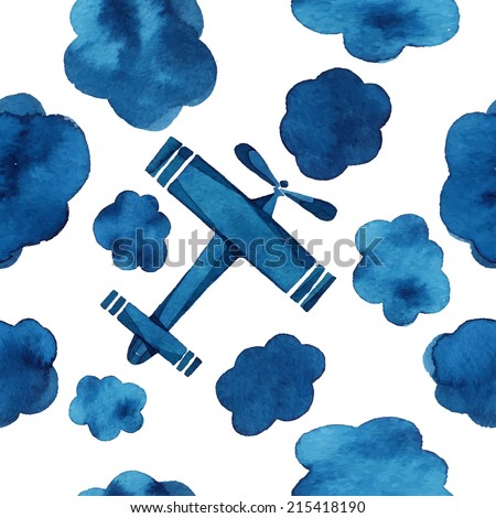 Airplanes, gliders, clouds, sky, watercolor pattern, seamless background.