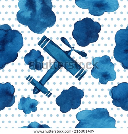 Airplanes, gliders, clouds, sky, small circles, watercolor pattern, seamless background. 
