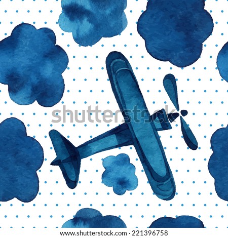 Airplanes, gliders, clouds, sky, small circles, watercolor pattern, seamless background. 