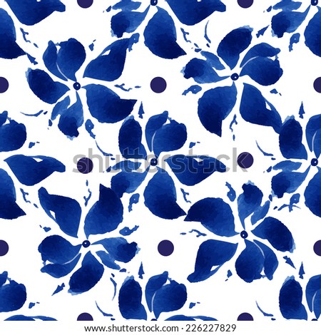 Floral seamless pattern, blue flowers and small circles on a white background, watercolor, ink.