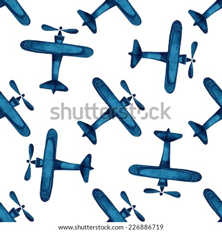 Airplanes, gliders, sky, watercolor pattern, seamless background. 
