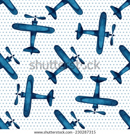 Airplanes, gliders, sky, small circles, watercolor pattern, seamless background.