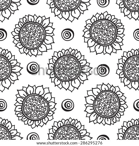 Flower seamless pattern, black and white flowers sunflowers, painted by hand.