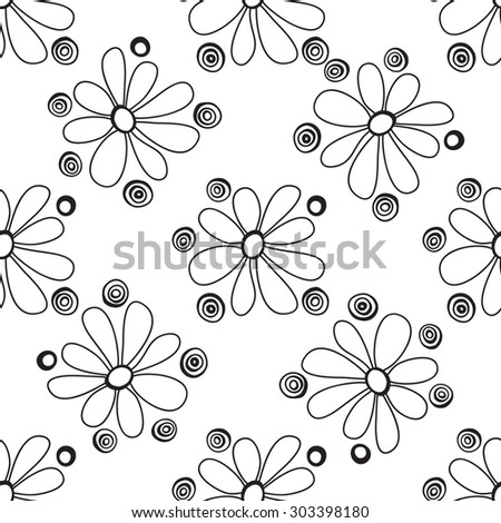 Floral seamless pattern in the plant design. Black and white graphics, flowers and circles on a white background, painted hands