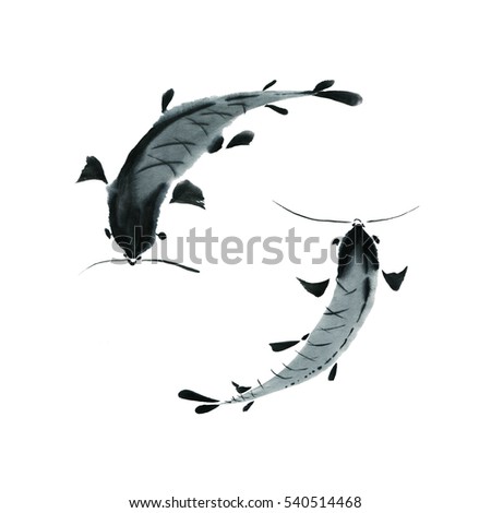 Fish isolated, image in traditional oriental style, watercolor, ink, loose brush, painted by hand.