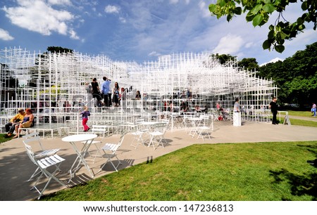 LONDON - JUNE 29. The annual competition to design the Serpentine Gallery Summer Pavilion is won by Sou Fujimoto with a delicate stepped frame structure, June 29, 2013, in Kensington Gardens, London.