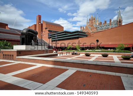 LONDON - AUGUST 4. The British Library holds 150 million books, manuscripts, philatic and cartographic items, music scores and recordings. The landscaped concourse on August 4, 2013, in London, UK.