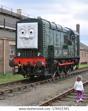 DIDCOT, UK - OCTOBER 5 . Preserved and restored Diesel locomotive with character face based on the stories for children by Wilbert Awdry; October 5, 2013 at Didcot Railway Centre, Oxfordshire, UK.