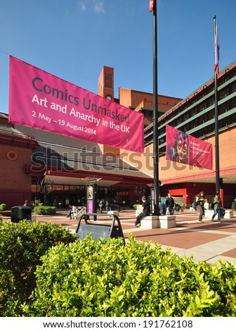 LONDON - MAY 3. The British Library holds 150 million books, manuscripts, philatic and cartographic items, music scores and recordings and on May 3, 2014 a Comics exhibition, located in London, UK.
