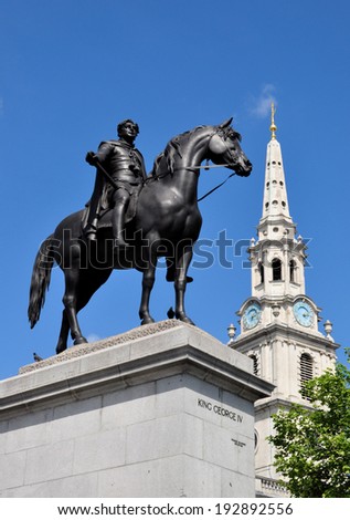 LONDON - MAY 3. The bronze equestrian statue of King George IV on May 3, 2014 by Sir Francis Legatt Chantrey, dressed in ancient Roman attire unveiled in 1843 standing in Trafalgar Square, London, UK.