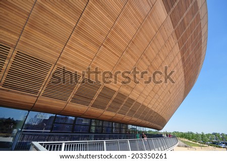 LONDON - JULY 3. The Velopark Cycling Arena designed by Hopkins Architects in the new Queen Elizabeth Olympic Park on July 3, 2014, a landscaped leisure area now open in Stratford, London.
