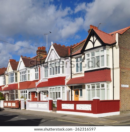 LONDON - MARCH 3. 2015. Typical small Edwardian period terraced houses built in 1913 in Rannoch Road on the Crabtree Estate, in the Borough of Hammersmith & Fulham, west London, UK.