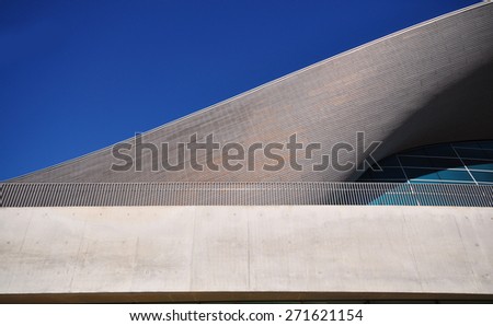 LONDON - APRIL 18. 2015. The Aquatics Centre roof detail designed by Zaha Hadid Architects; a public swimming facility located at Stratford in the Borough of Newham, east London, UK.