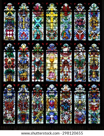 LONDON - JUNE 6, 2015. Designed by Hugh Easton the east window of the 1824 Parish Church of St Luke replaces the earlier one destroyed in the second world war located at Sydney Street, Chelsea.