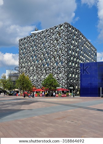 LONDON - SEPTEMBER 19, 2015. Ravensbourne is a university college for design and digital media in a tessellated clad building designed by Foreign Office Architects on the Greenwich Peninsula, London.