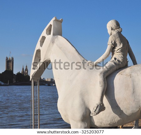 LONDON - SEPTEMBER 6, 2015. Artist Jason deClaires Taylor\'s horse sculpture designed as a political and environmental warning with an oil well pump horse head, located at the river Thames in London.