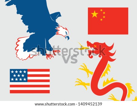 Trade war concept. USA versus China .Eagle and Dragon on gray background.
