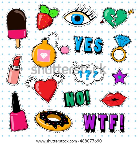 Fashion Patch Elements Kiss, Icecream, Donut, Speech Bubble Set - Collection Of Colorful Icons. For Web, Websites, Print, Presentation Templates, Mobile Applications And Promotional Materials