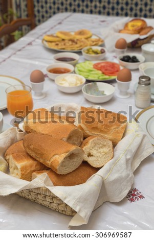 The traditional arabian breakfast mixed with western food in Fes, Morocco