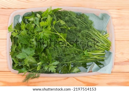 Stems of the freshly harvested dill and parsley in white plastic container with paper napkin on the rustic table, top view Сток-фото © 