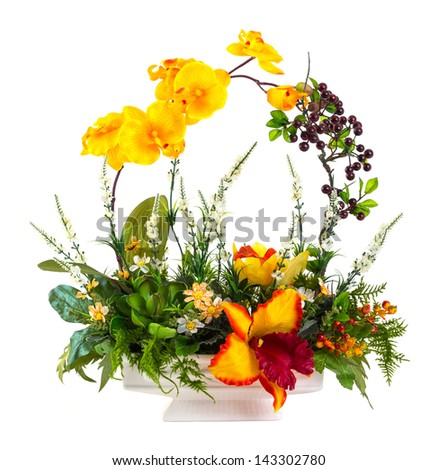 Bouquet of orchid, berry and fern in ceramic pot isolated on white