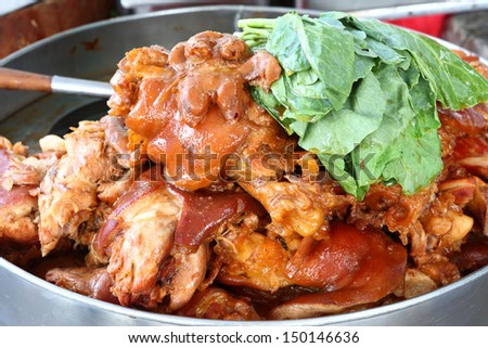 Close up pork leg pot stewed with five spices on stainless steel pot