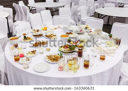 Waste food on round table after dinner in party room