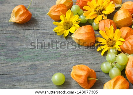 beautiful autumn background with cape gooseberries, grapes and flowers