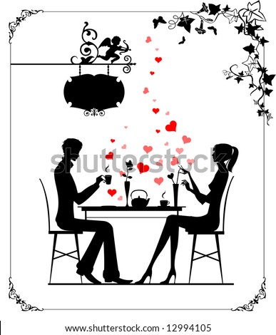 Silhouette of the couple in the cafe, raster version of vector illustration