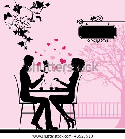 Silhouette of the couple in the cafe. Raster version of vector illustration.