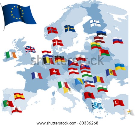 European country flags and map. All elements and textures are individual objects. Vector illustration scale to any size.