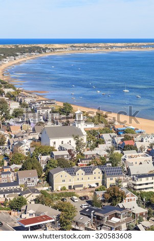 Provincetown, Massachusetts, Cape Cod city view and beach and ocean view from above.