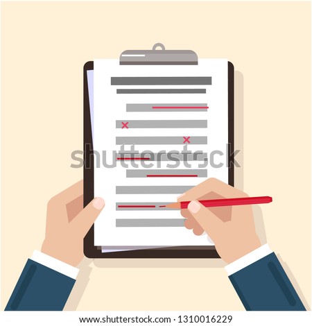 Hands on the table. Filling the checklist. Additions and improvements of the article. Correction of the text. Proofreading in pencil. Amendment to the text. Vector image. The icon of the hand write