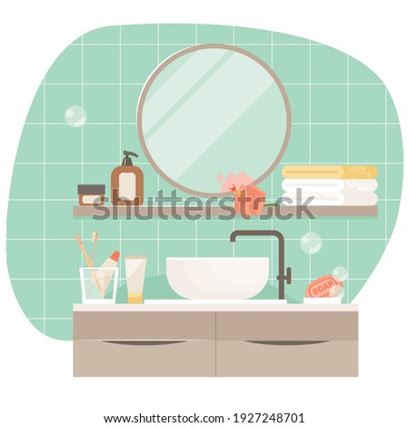 Bathroom interior design. Modern sink table, mirror and bath towels flat vector illustration. Empty bath room. Equipment and items for interior decoration