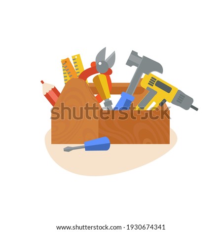 Construction repair tools flat icon set. Cartoon wooden tool box with hammers, screwdriver, wrench. Tools such as hammer, ax, ruler, ax home repair. Isolated tools flat set