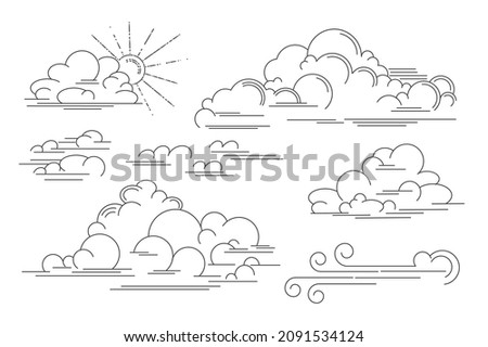 Vector linear clouds. Set of isolated contour images of clouds, wind and storm eddy. Outline vector illustration. Vintage line retro style