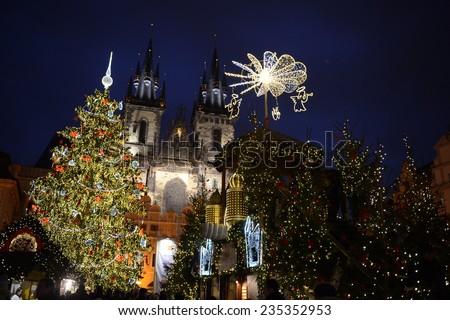 Beautiful christmas tree in the middle of the Old Town Square in Prague
