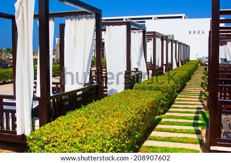 AGADIR, MOROCCO - JUL 08, 2014:Patio at Hotel Sofitel Agadir Royalbay Resort is located in the magnificent beach of Atlantic ocean with golden sand and imbued  the spirit of modern luxury