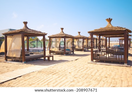 AGADIR, MOROCCO - JUL 08, 2014: Relax chairs at Hotel Sofitel Agadir Royalbay Resort is located in the magnificent beach of Atlantic ocean with golden sand and imbued  the spirit of modern luxury