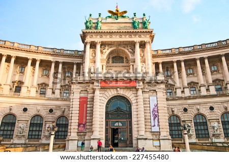 VIENNA, AUSTRIA - OCTOBER 08, 2014: Austrian National Library and the Hofburg Congress Center on Heldenplatz in Hofburg,Vienna, Austria.