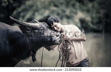 Thai Farmer with buffalo