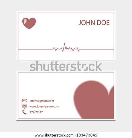 Business card template with red heart icon and contact information for any medical clinics concept