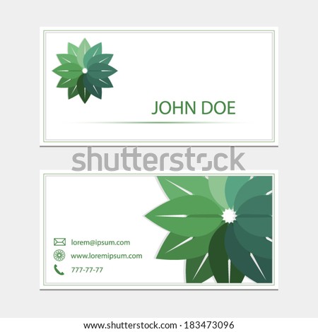 Business card template with green leaves icon and contact information for different eco company concept