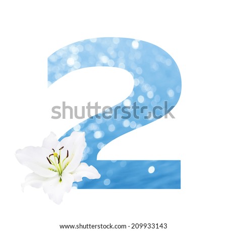 Number 2 made from Abstract circular bokeh background of Light shining on the river shot in manual mode out of focus and white lilly , clipping path.