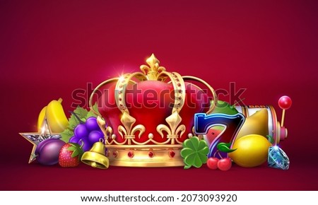 Casino gambling banner with various fruit-themed symbols of a slot game isolated on red background. 3D illustrations