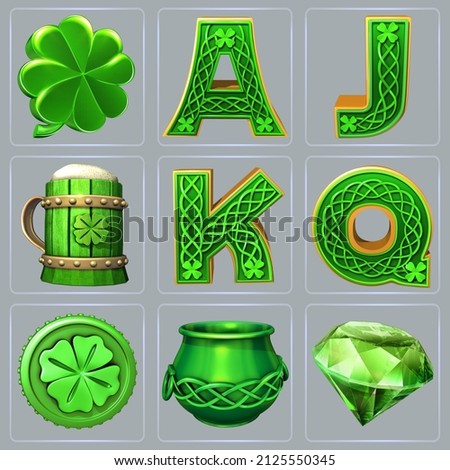 Set of isolated graphic elements associated with Irish symbols of luck. 3D illustrations of a four leaf clover, cauldron, initial letters A J K Q, lucky coin, beer mug, and an emerald gemstone Stock fotó © 