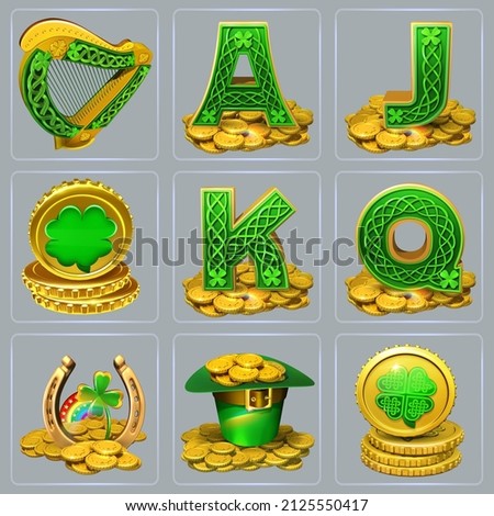 Set of graphic elements associated with St. Patrick's Day celebration. 3D illustrations of an Irish harp, green hat, initial letters A J K Q, four leaf clover good luck gold coins, and a horseshoe Stock fotó © 