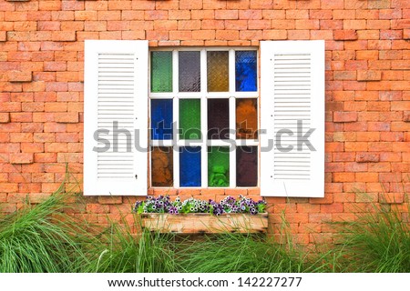 Open Vintage white window on brick wallpaper