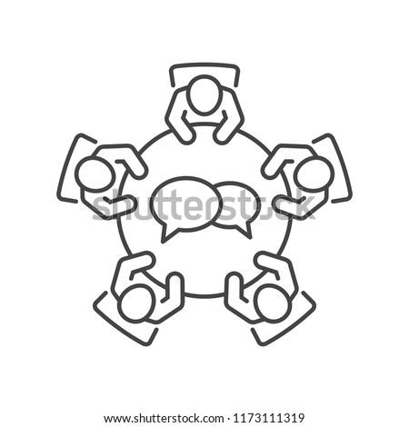 
Brainstorming and teamwork linear icon. Business meeting. Discussion group. Debate team. Group of people in conference room sitting around a table working together on new creative projects.