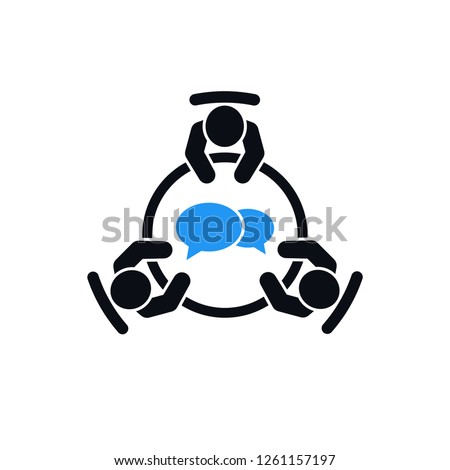 Brainstorming and teamwork icon. Business meeting. Group of three people in conference room sitting around a table working together on new creative projects. Flat vector design.